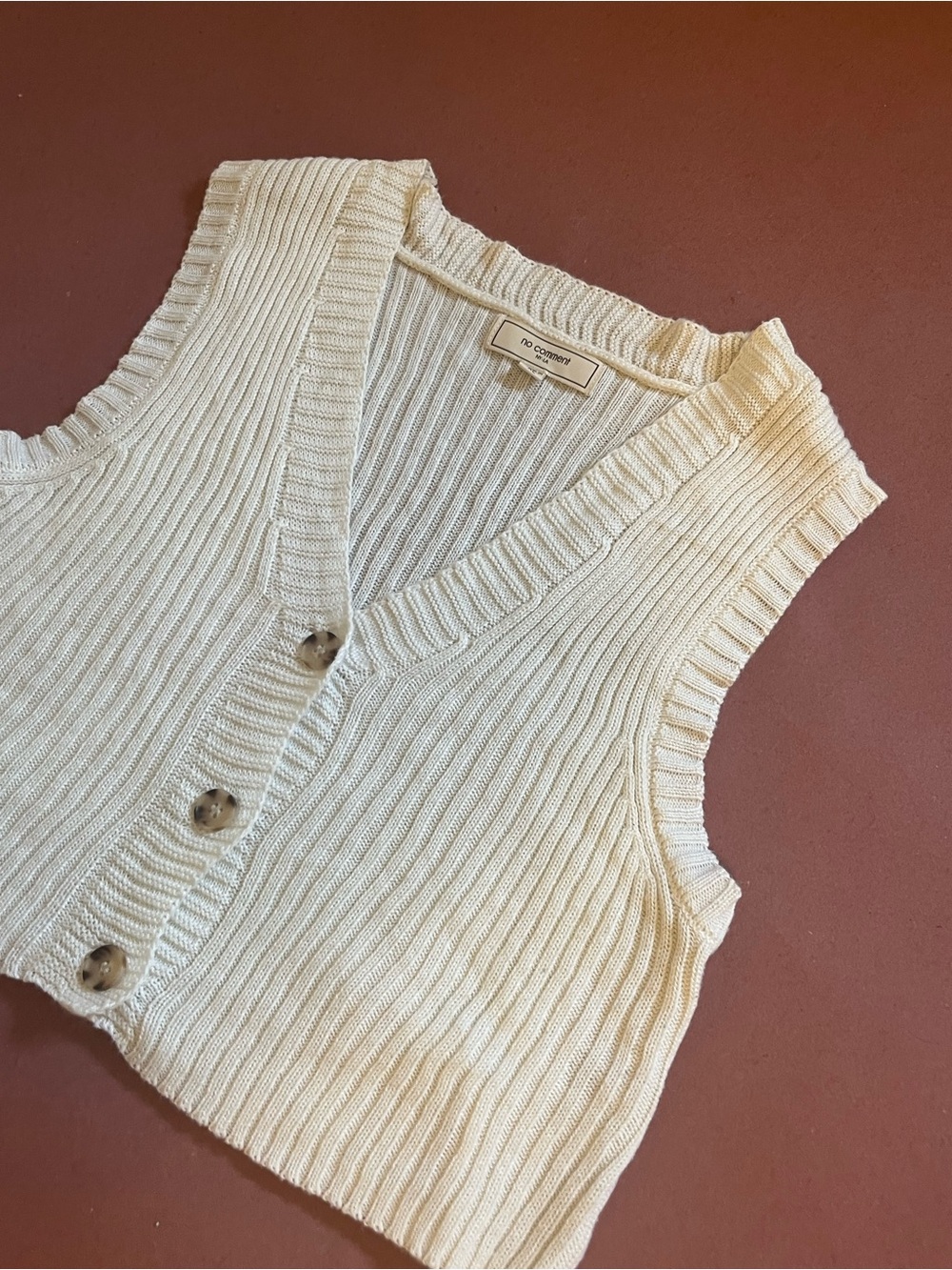 Cream Ribbed Cropped Knit Button-Front Vest - Picture 3 of 5